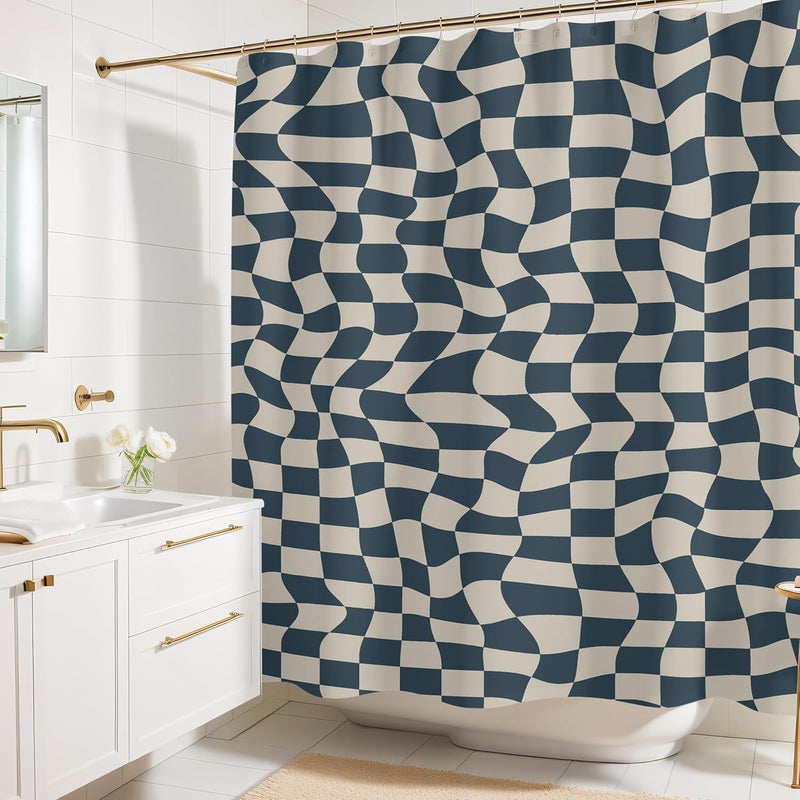 Worthwhile Goods Wavy Check Print Shower Curtain - Modern Home Decor - Neutral Boho Style Checkered Fabric Shower Curtain for Any Bathroom - 72x72 Inches (Wavy Check) - Image 1